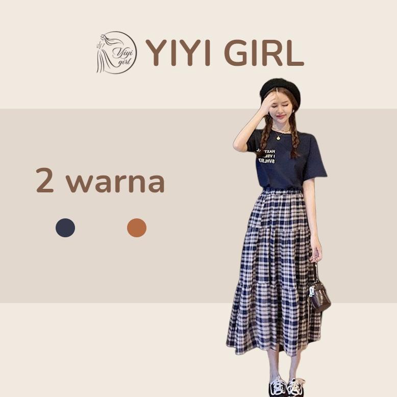 Yiyi Girl - Rok Panjang Kotak Kotak Highwaist Plisket Hitam Panjang