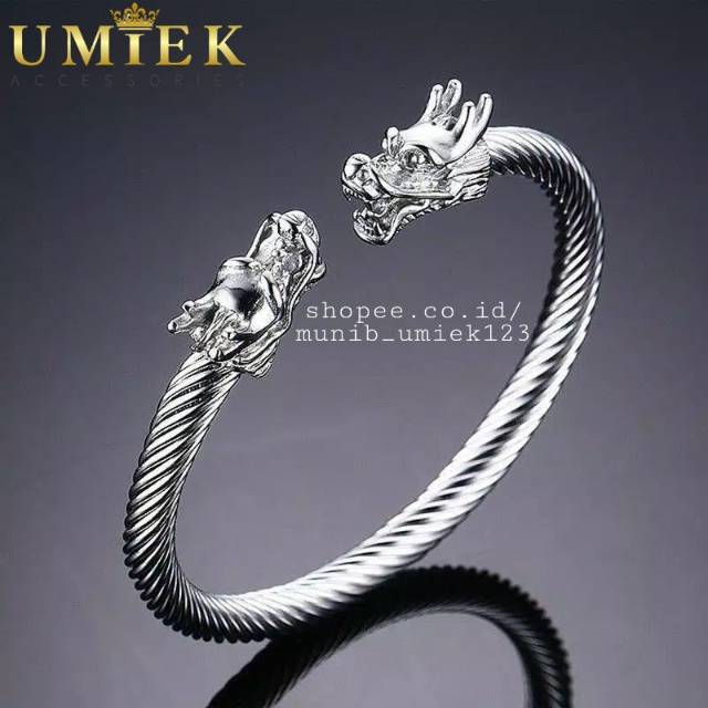 Gelang Pria Wanita Titanium Naga Dragon silver putih perak cowok cewek keren cowo cewe asli laki lak