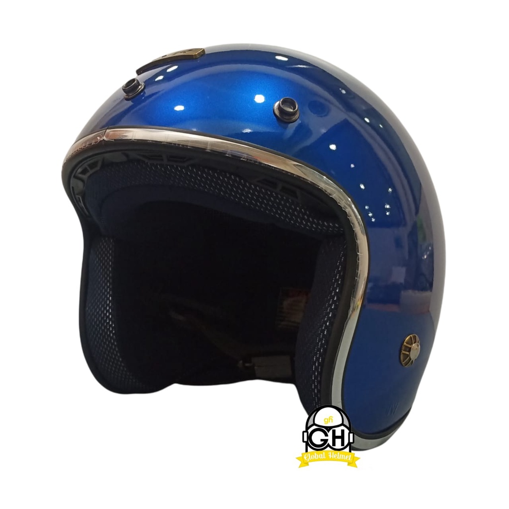 Helm Retro List Chrome Chamelond Biru Helm Bogo Half Face SNI Free Kaca Flat