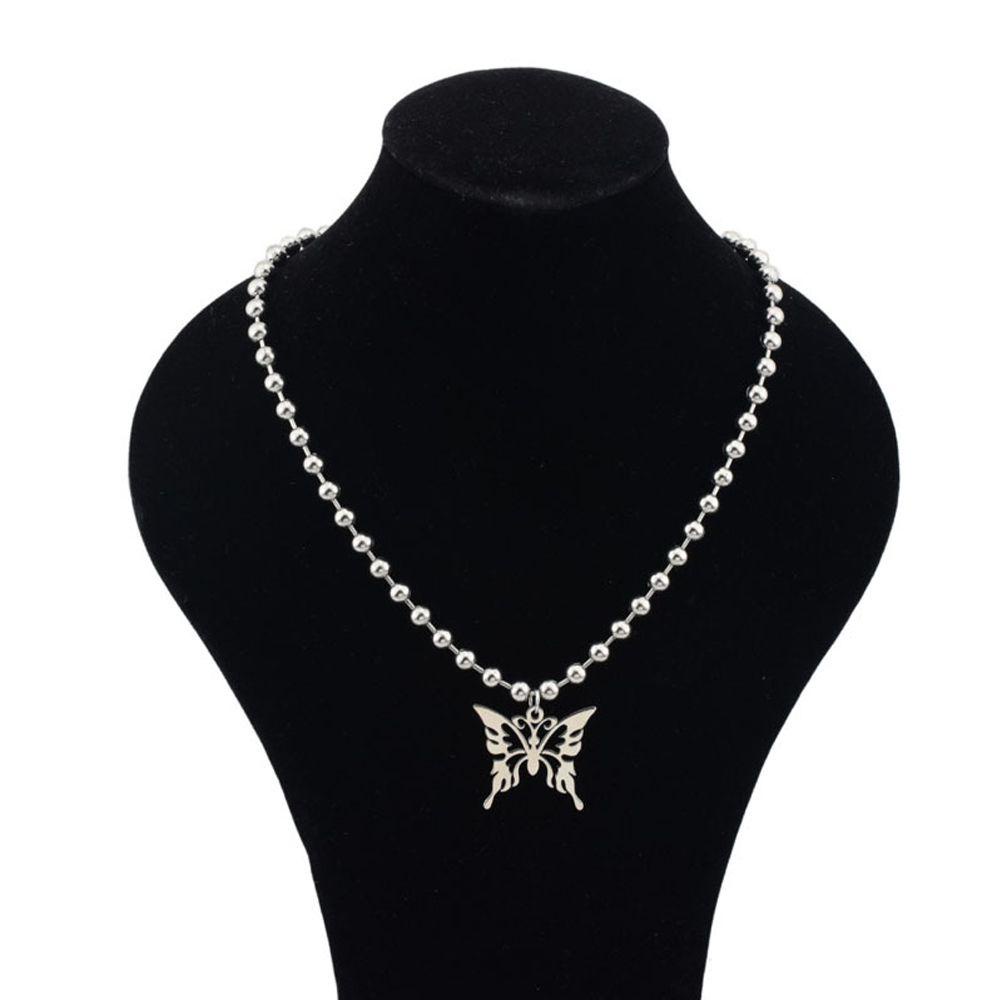 Lily Butterfly Pendant Kalung Fashion Stainless Steel Gothic Rock Boho Perhiasan Rantai Bola