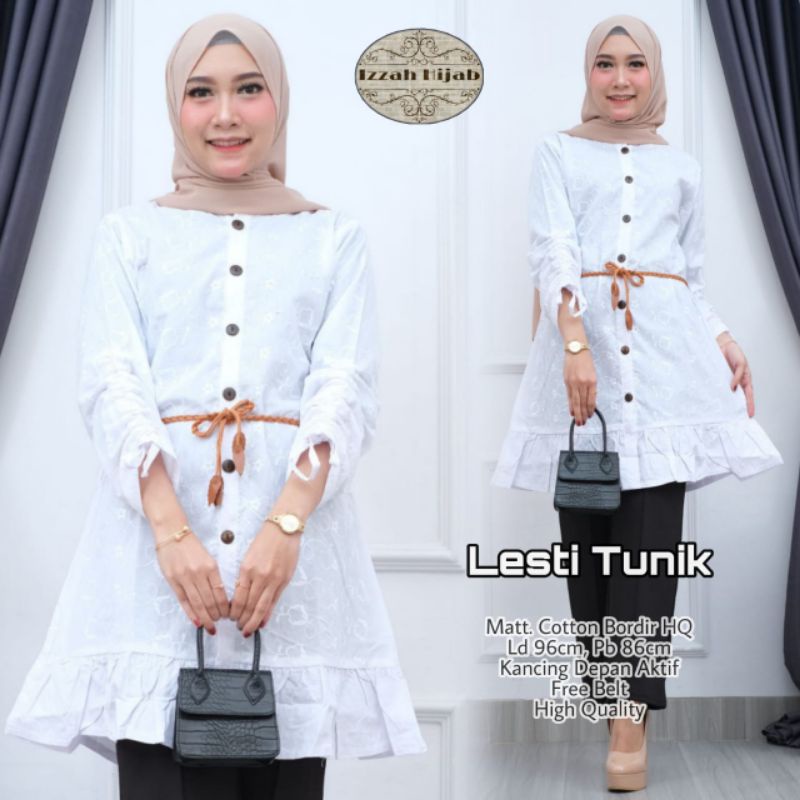Leti Tunik katun bordir putih full kancing rampel bawah