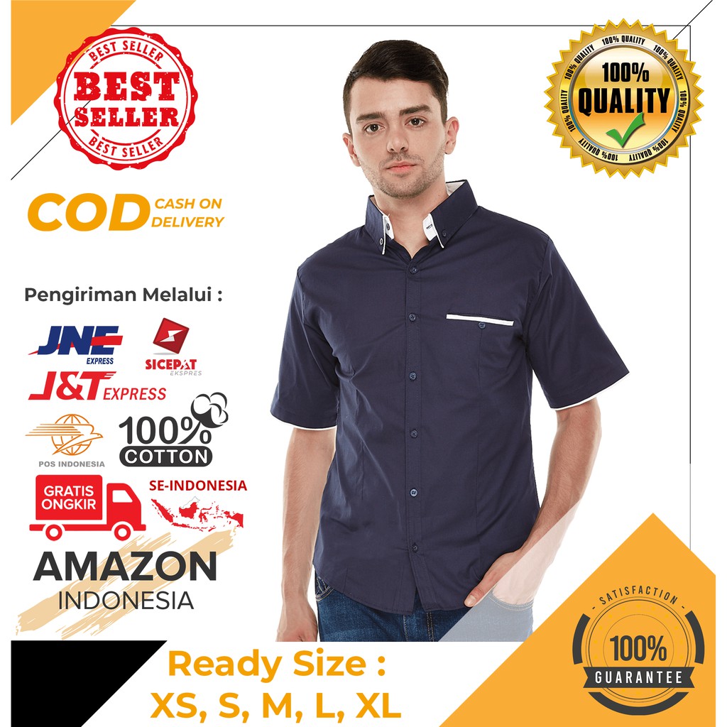 KEMEJA FASHION ATASAN PAKAIAN PRIA COWOK WARNA BIRU DONGKER NAVY BAHAN KATUN COTTON MELAR DINGIN