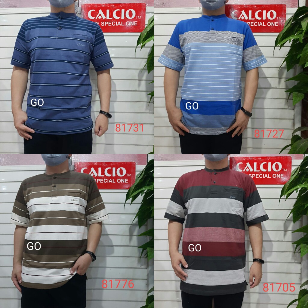 gof L CALCIO OBLONG KANCING Kaos Pria Laki-Laki Oblong Garis-Garis Lengan Pendek Saku Salur