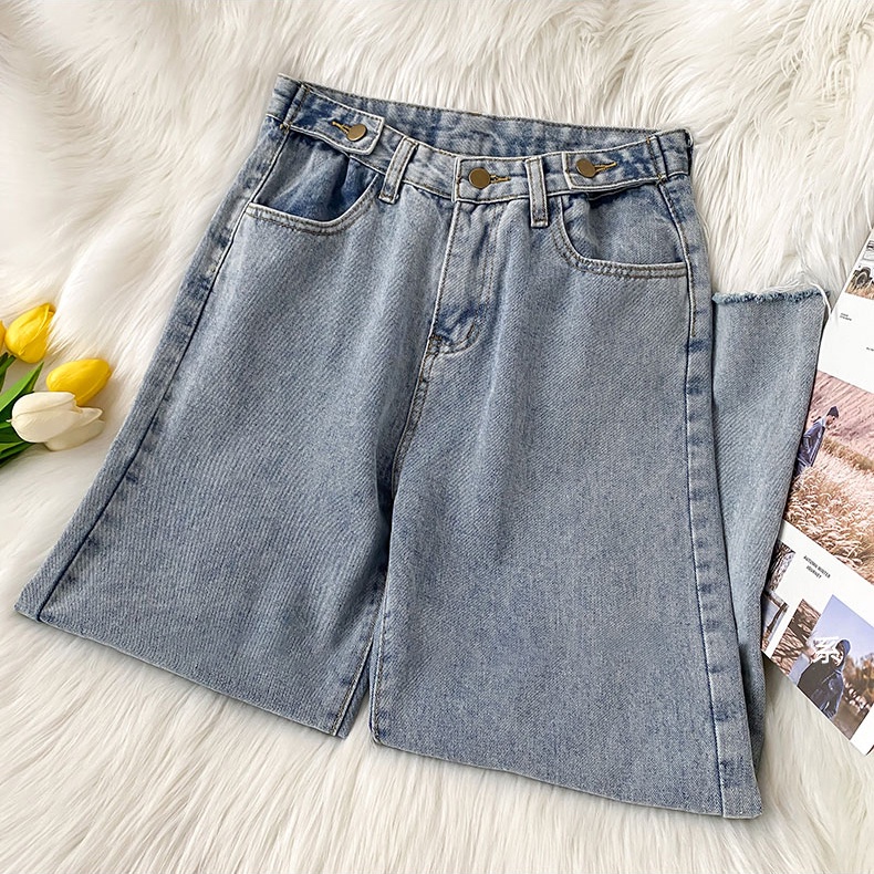 Highwaist Kulot Jeans Wanita Rawis Biru salju Celana Jeans Panjang