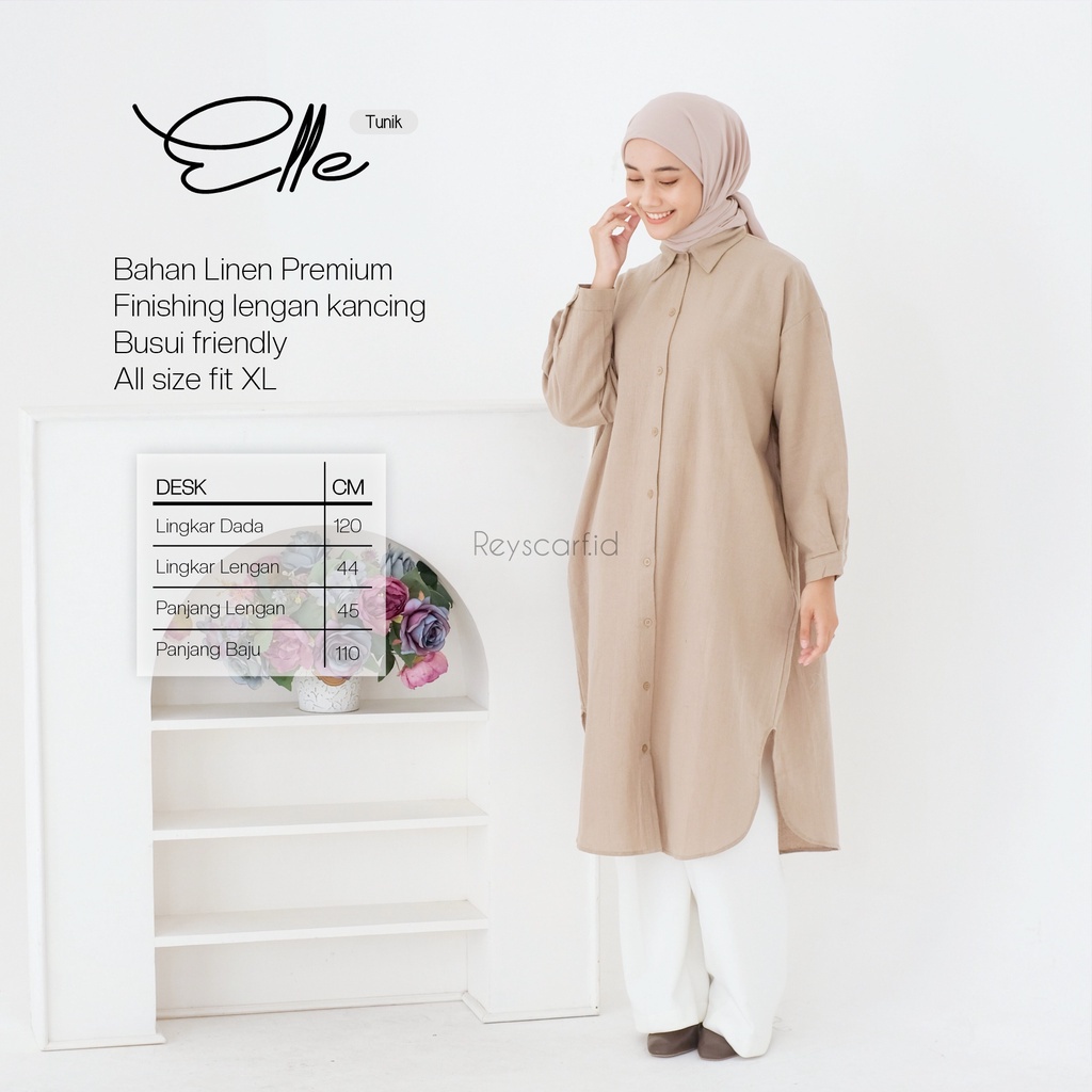 Elle Tunic Linen By Reyscarf.id- Bahan Cotton Linen Premium | Kemeja Panjang Wanita | Elle Long Shirt | Linen Long Outer | Tunic Linen | Bisa COD