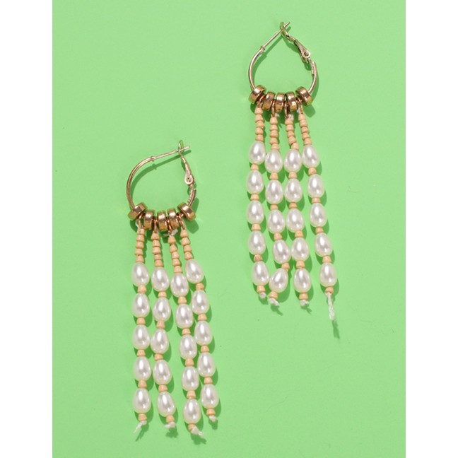 LRC Anting Tusuk Fashion Gold Alloy Pearl Tassel Earrings F72473