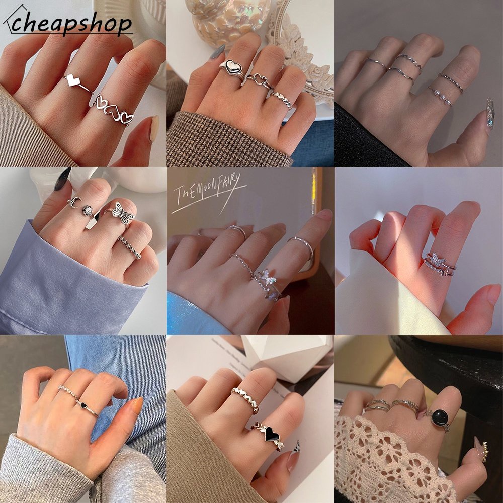 IFYOU Set Perhiasan Cincin Jari Bentuk Kupu-Kupu Hati Aksen Mutiara Warna Silver Gaya Vintage Korea Untuk Wanita