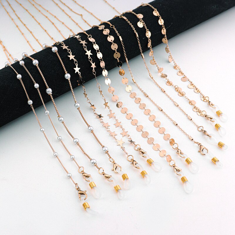 1Pc 70cm adjustable Gold Color Metal Chain for Glasses Women Mask Chain Necklace Pearls Charm Straps Sunglasses Lanyard Holder