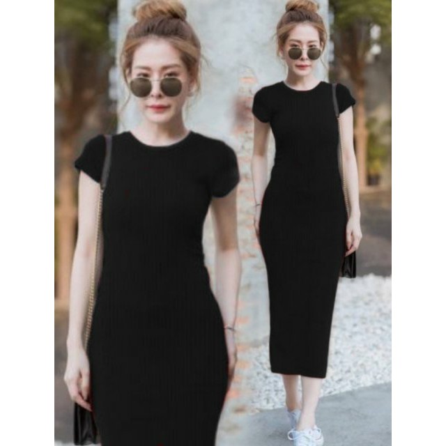 MIDI DRESS HITAM GRINA WANITA | DRES SIMPEL RAJUT POLOS CEWEK NEWYEAR XMAS NATAL | DRESS LENGAN PEND