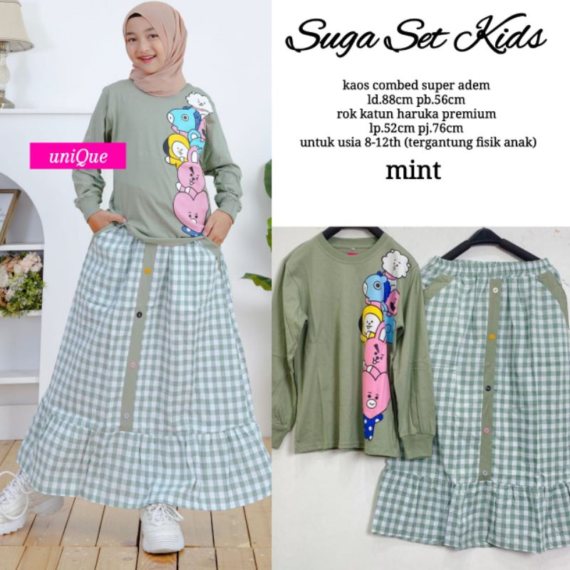 Suga Set Kids Terbaru Setelan Kaos Dan Rok Katun Tartan Kotak Kotak Setelan Anak Motif BTS Anak Pere