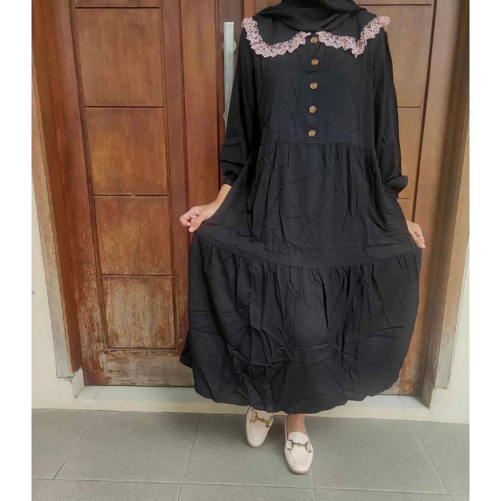 Midi Dress Hitam Kerah Renda Muslim Korean Style Rayon Twill Premium Polos Ld 110