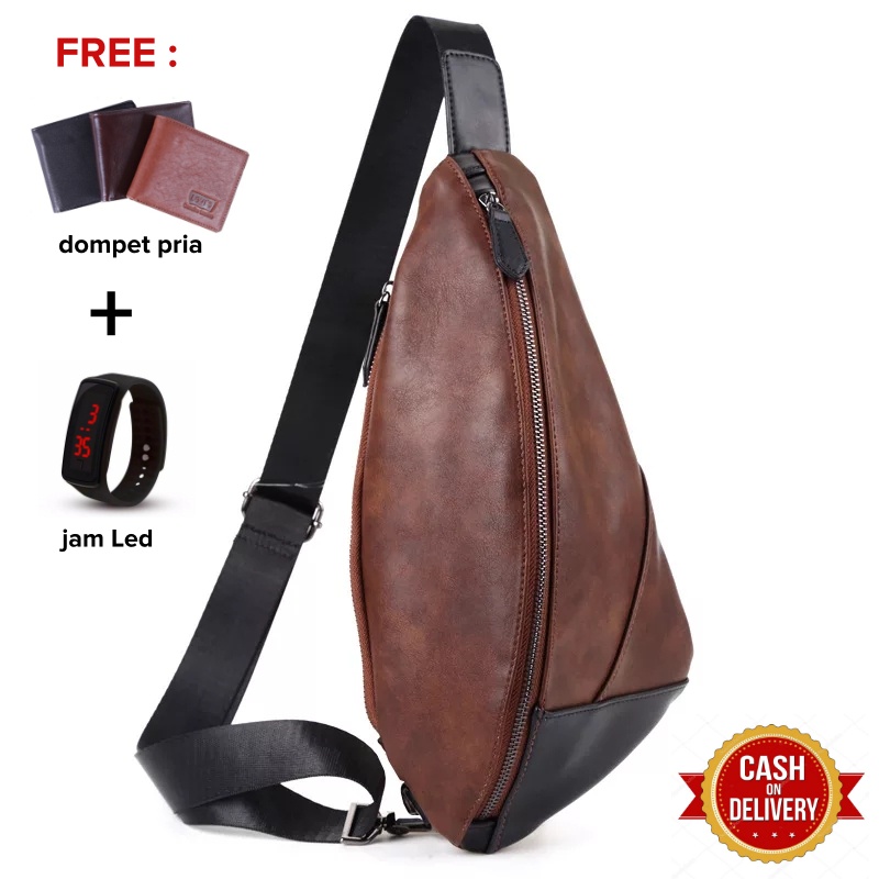 Tas Selempang Pria Kulit Murah Anti Air - Jose Brown Gratis Dompet dan Jam LED / Headset