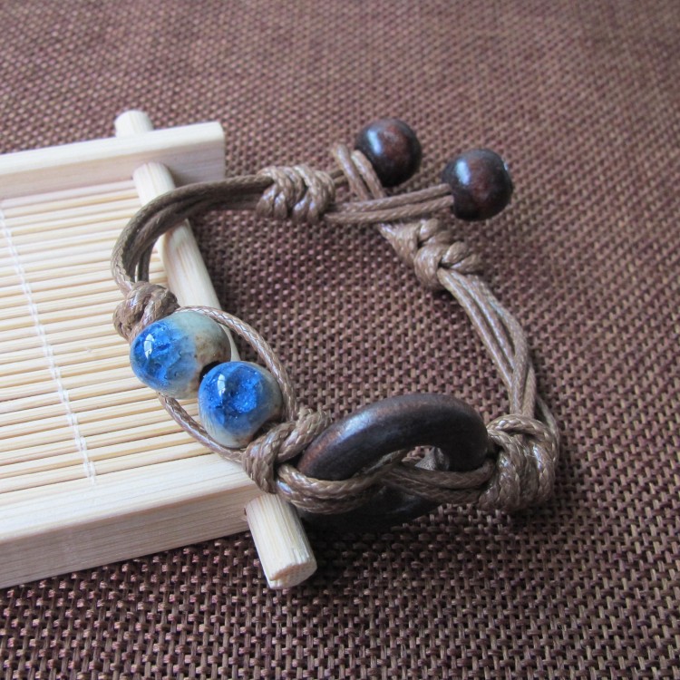 Gelang Etnik GK-18 Batu Keramik Round Wood Biru