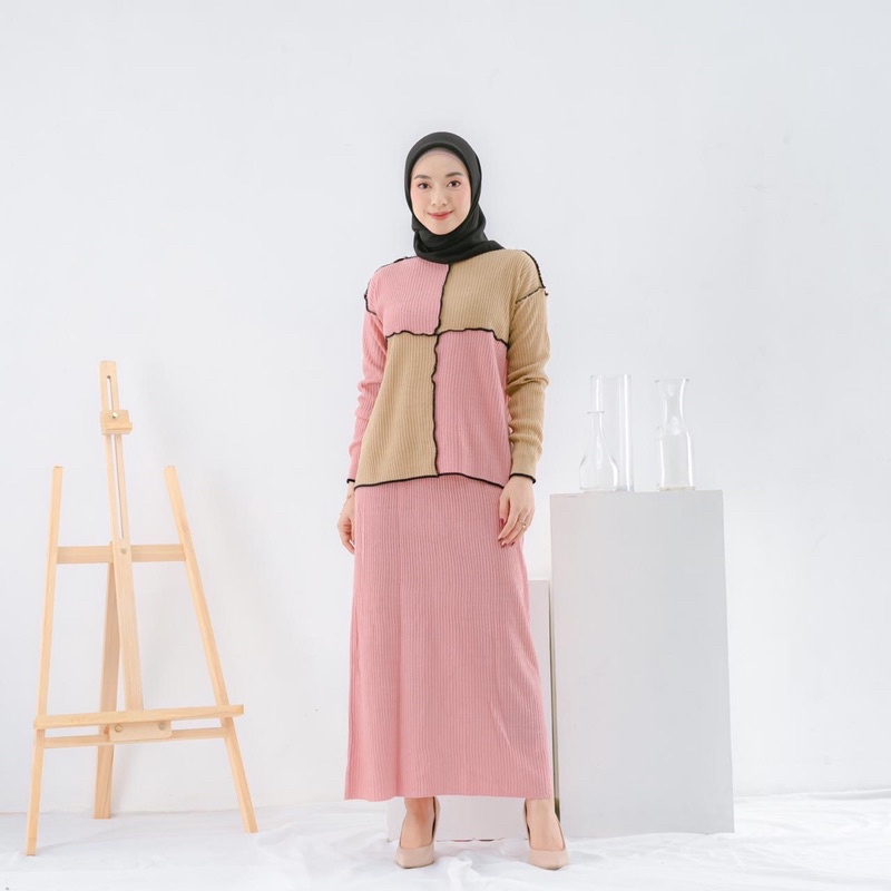 STELAN ROK ONE SET RAJUT VN88 KNIT TERBALIK MODEL MUSLIM PANJANG KOMBINASI POLOS MURAH HALUS ADEM KA