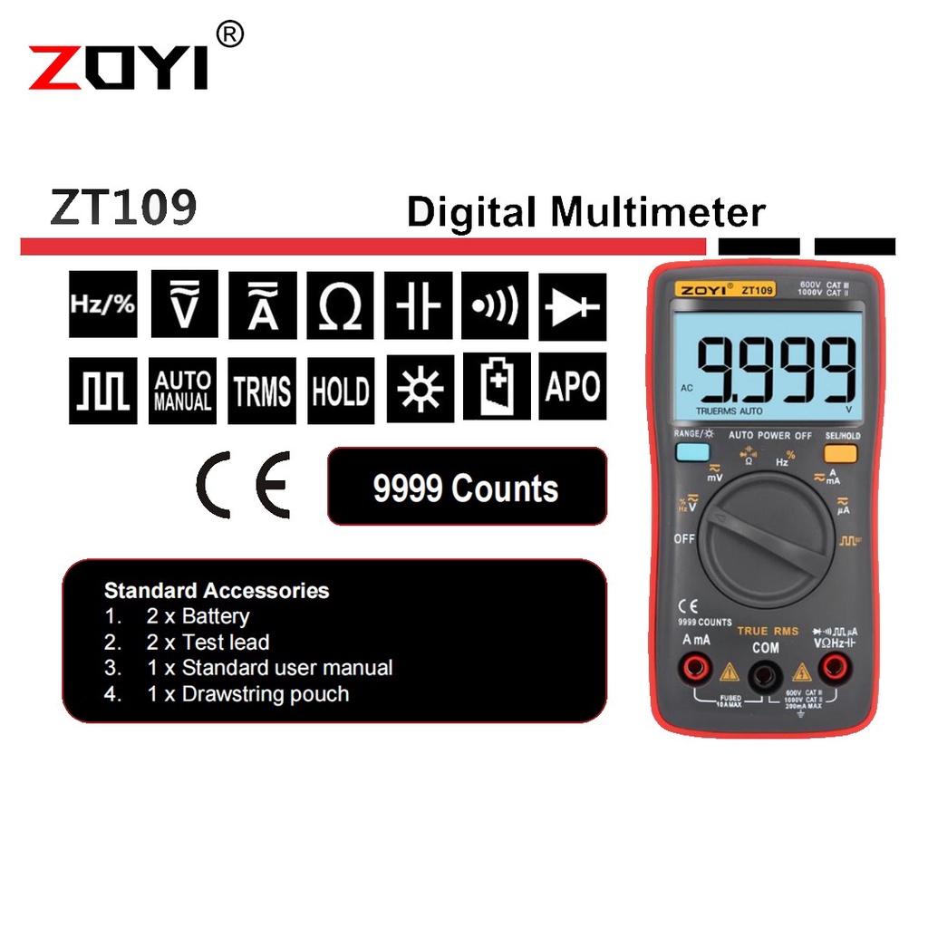 ZOYI ZT109 Digital Multimeter  Professional Auto Range Counts 9999 True RMS AC DC Current  Buzzer