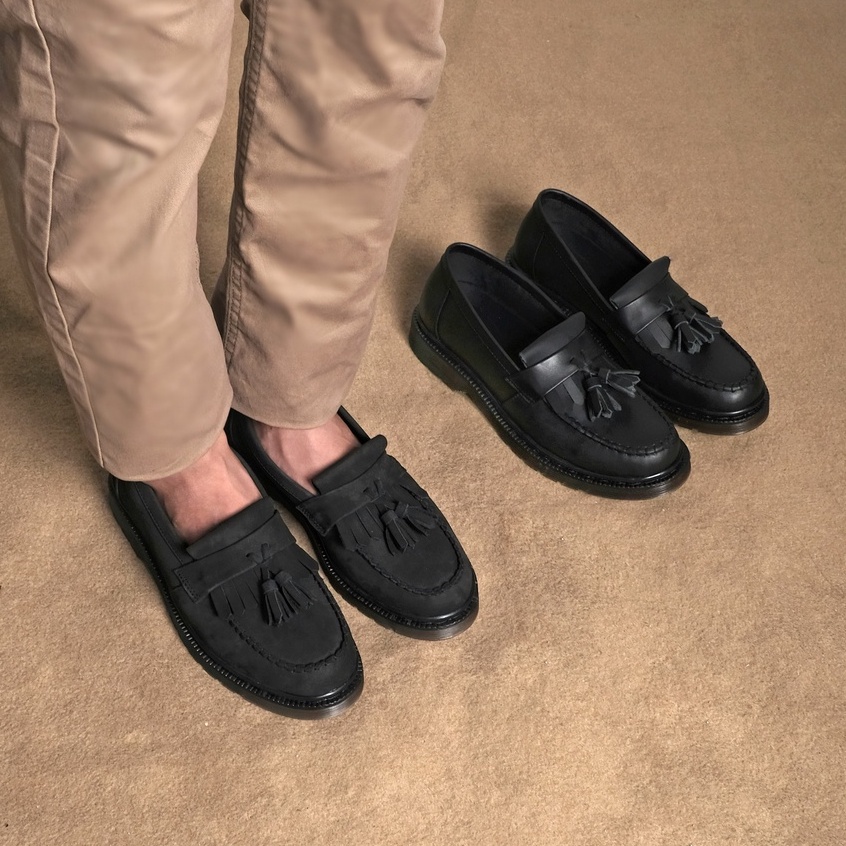Gates Black Solid | Sepatu Kulit Asli Casual Matte Vintage Loafers Klasik Pria Cowok Slip On Original | FORIND x Kenzios
