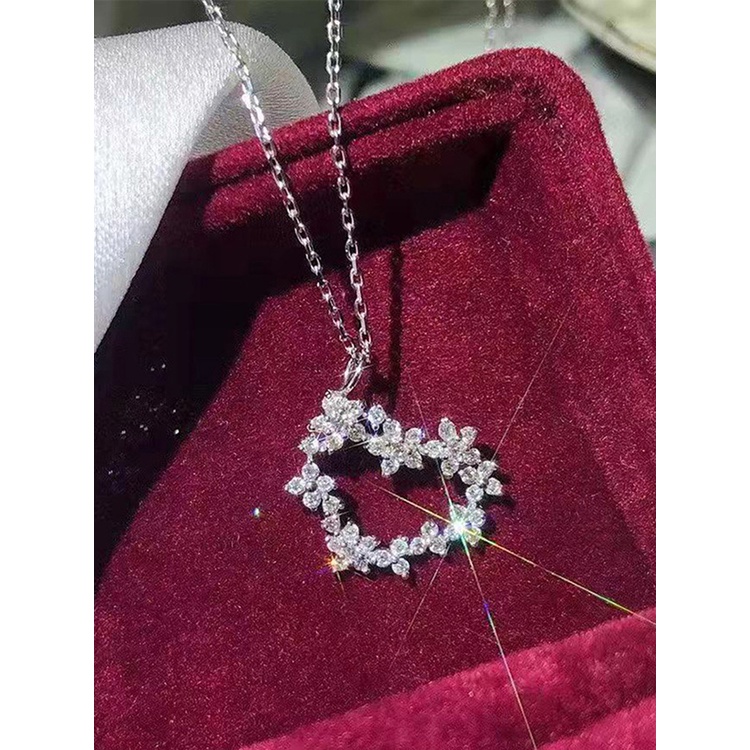 Kalung Rantai Wanita Liontin Bunga Hati Hias Cubic Zirconia Putih