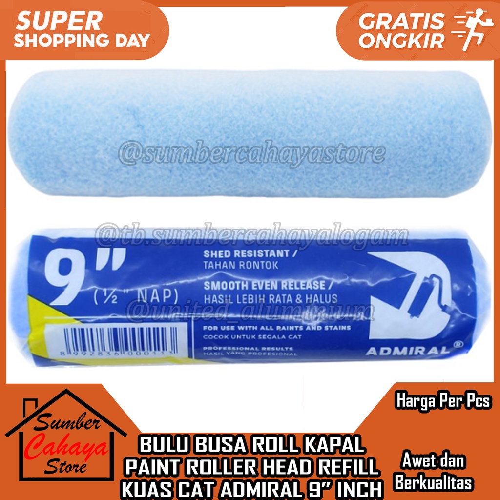 BULU BUSA ROLL KAPAL PAINT ROLLER HEAD REFILL ROL KUAS CAT CATT ADMIRAL 9” IN INCI INCHI INCH FOAM B