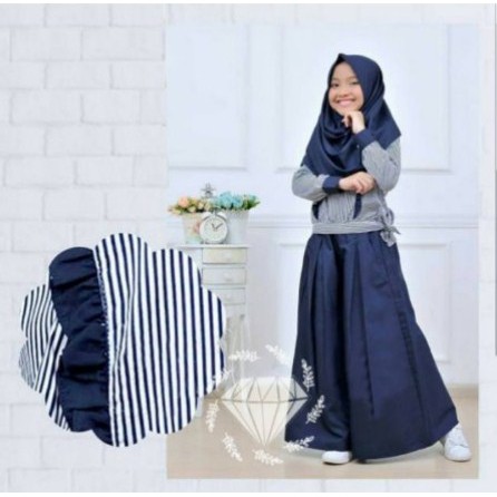 Baju Setelan Anak Muslim Dress + Hijab Khimar Muslim Anak Cewek Wanita Salur Garis Garis Usia 8-10 Tahun //Setelan Tunik Ceribelle Kidz// Baju Tunik Anak Perempuan Matt Katun Salur Motif Asli Kombi Baloteli Polos-2