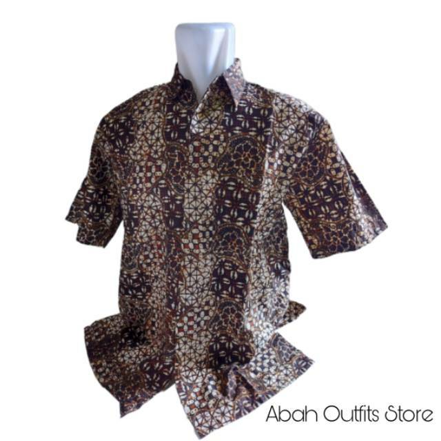 BAJU BATIK PRIA DEWASA WARNA COKLAT HITAM PUTIH UKURAN XL KEMEJA HEM BATIK LENGAN PENDEK PEKALONGAN