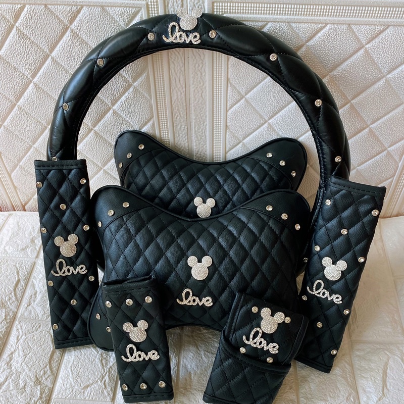 sarung setir sarung seatbelt mobil mickey mouse sarung set mickey Sepasang Bantal Sandaran Kepala Dan Leher Motif Kartun Untuk Mobil Sandaran kepala kulit mobil, bantal mobil kisi PU, bantal mobil, grosir