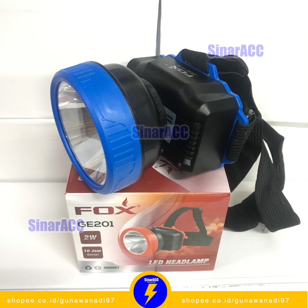 Senter kepala Fox 2W fox Ge 202 Cahaya Putih 10Jam Penerangan Rechargeable Charge senter cas 201