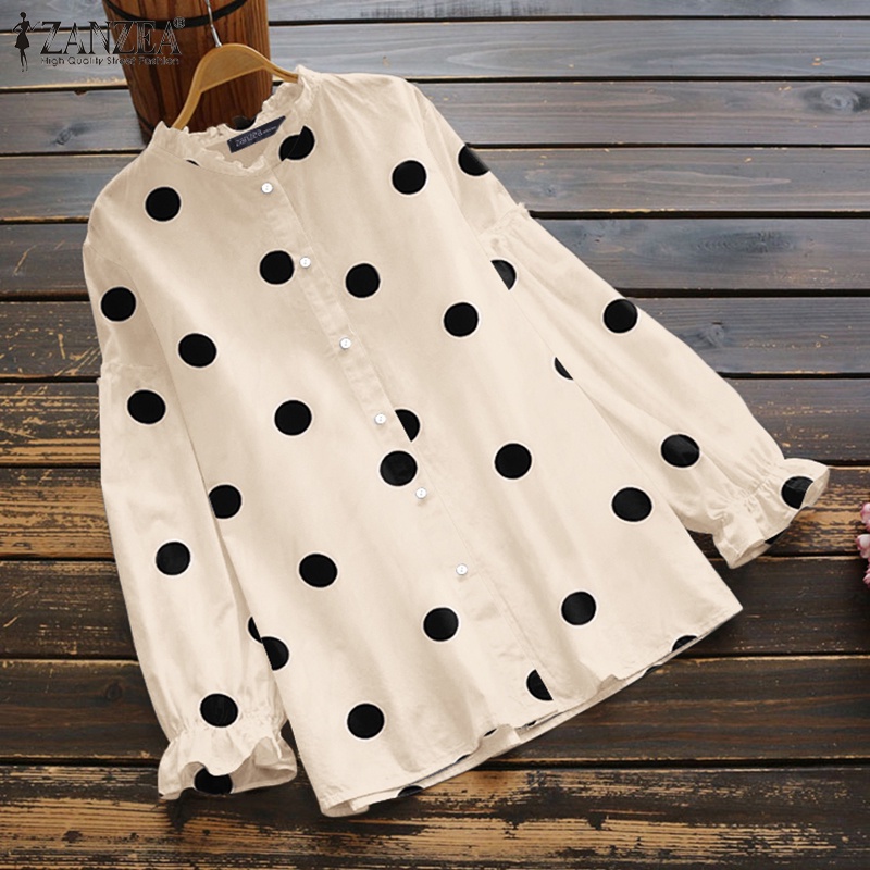 ZANZEA Women Casual Fashion Puff Sleeved Polka Dots Oversized Clubbing Blouse Loose Tops Shirts