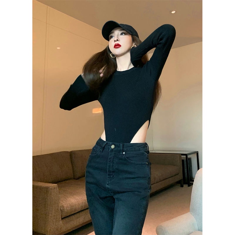 impor leher bulat lengan panjang T-shirt wanita ketat bottoming one-piece bodysuit waistless sexy to