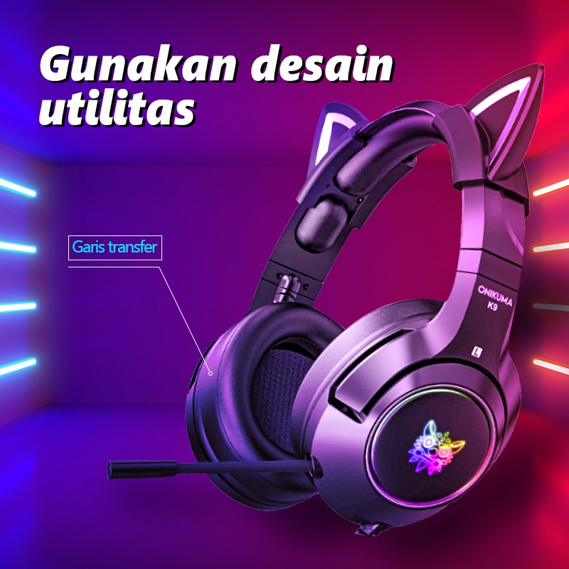 ONIKUMA K9 Black Cat Ear Headphone Gaming Headset With Mic Noise Reduction RGB Light For Laptop