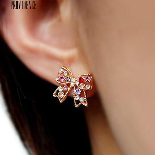 [Bayar Di Tempat]Kristal Emas Tone Ikatan Simpul Busur Ear Studs Charm