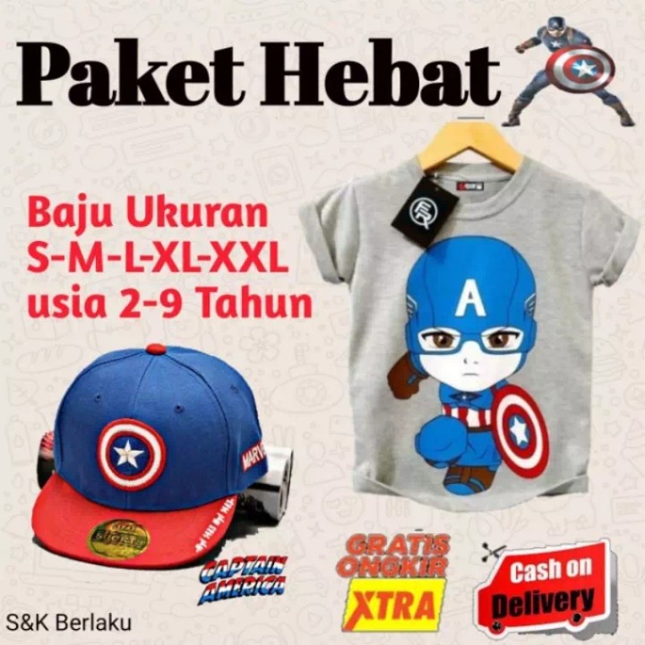 BISA COD!!!PAKET HEMAT BAJU KAOS ANAK LAKI LAKI DAN TOPI ANAK MOTIF KARAKTER CAPTAIN AMERIKA