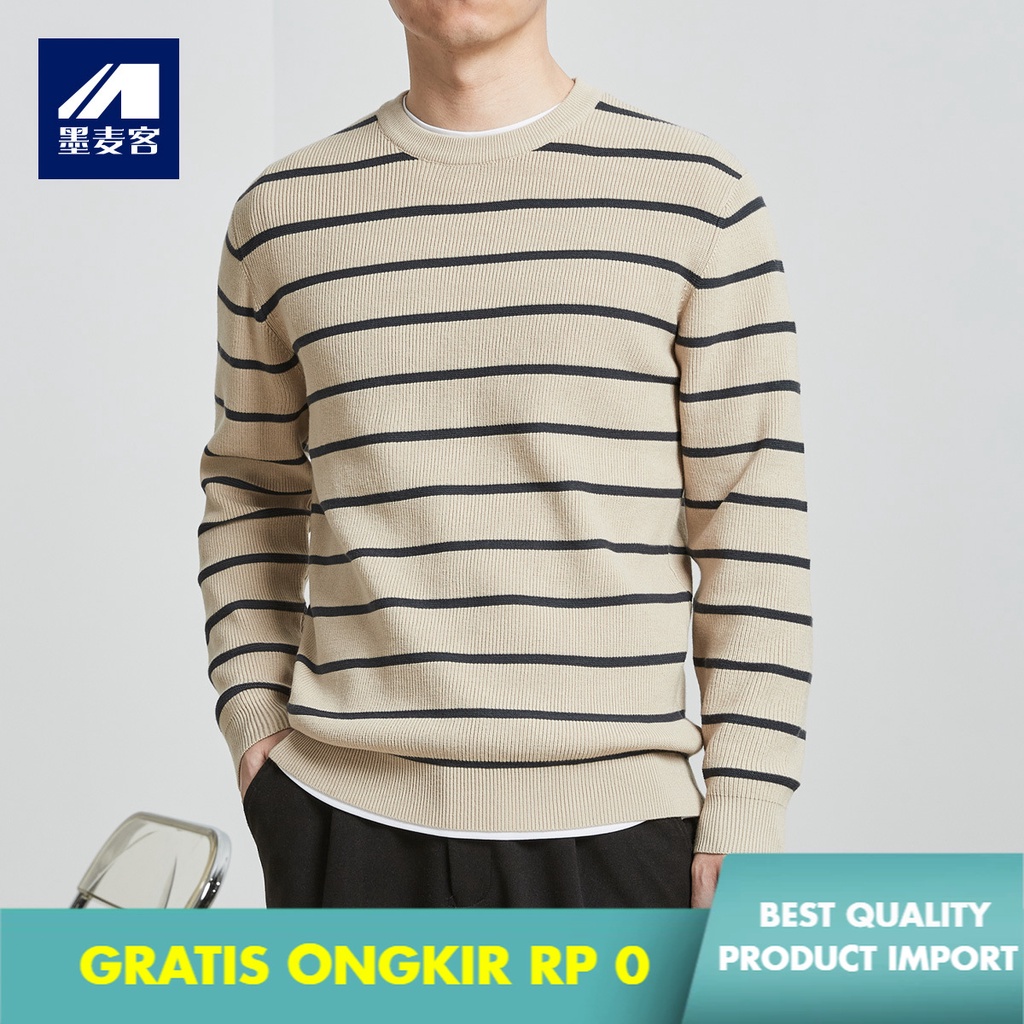 Sweater Pria Kaos Lengan Panjang      Bergaris Jacquard Leher Bulat Pria Rajut Pullover Pria 20089 I