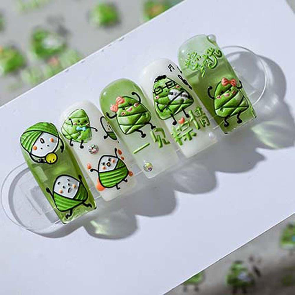 AUGUSTINA Agustina Zongzi Stiker Kuku Lucu Daun Hijau Perekat Diri Stiker Tipis Tangguh Zongzi DIY Manicure Aksesoris Nail Foil Decals