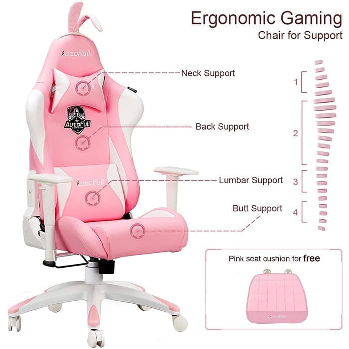 AutoFull Pink Gaming Chair Kursi PU Leather High Back Ergonomic Office Chair