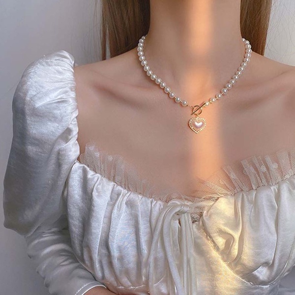 kalung mutiara hati sweet simple pearl love necklace jka242(3E2)