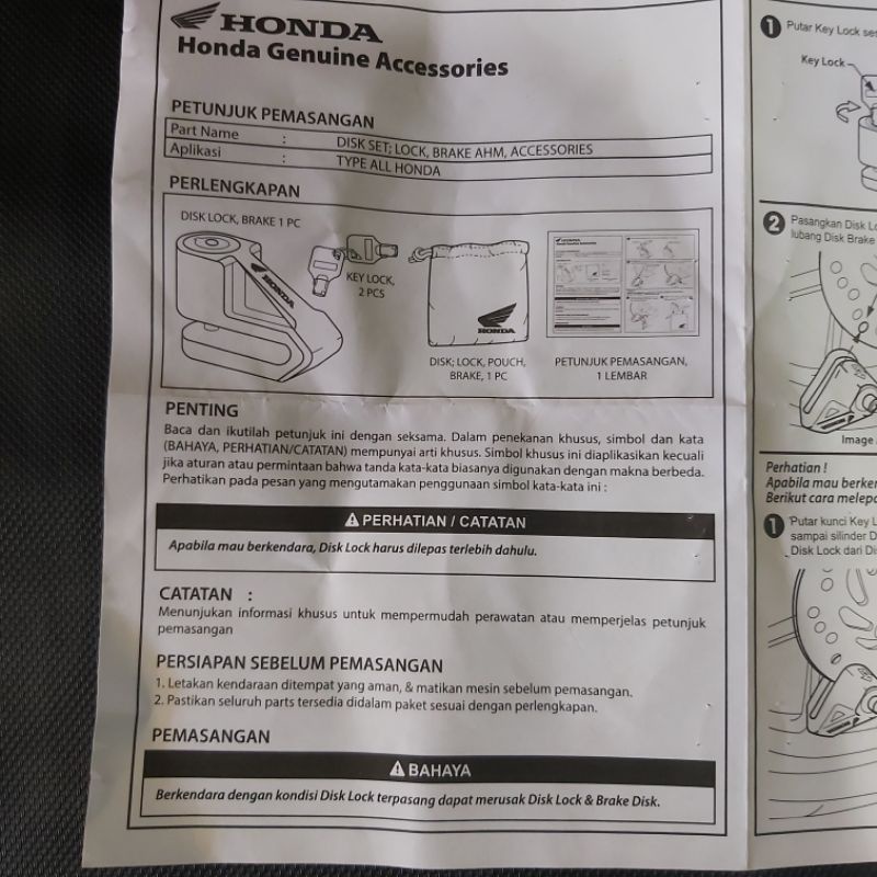 kunci disc gembok cakram original honda anti maling