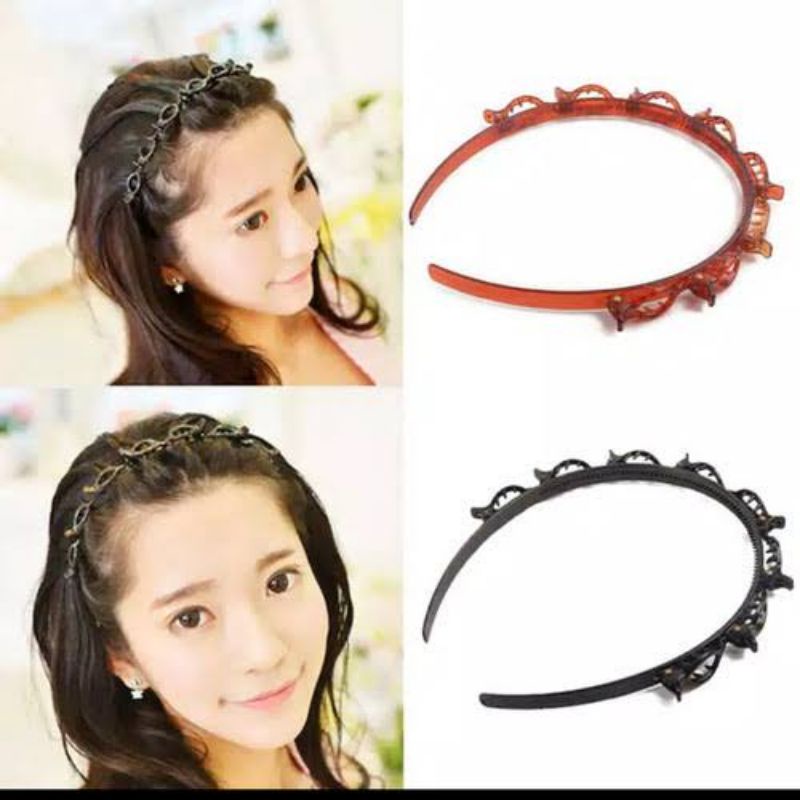 Bando kepang korea jepit rambut multi layer aklirik plastik elastis polos manik berlian jepitan unik