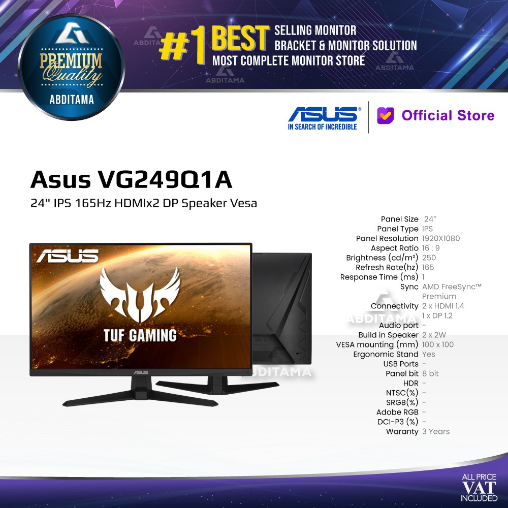 Monitor LED Asus VG249Q1A 24&quot; IPS 165Hz HDMIx2 DP Speaker Vesa