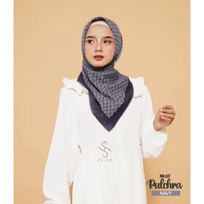 Hijab kerudung segi empat jilbab motif PULCHRA NAVY voal premium lasercut