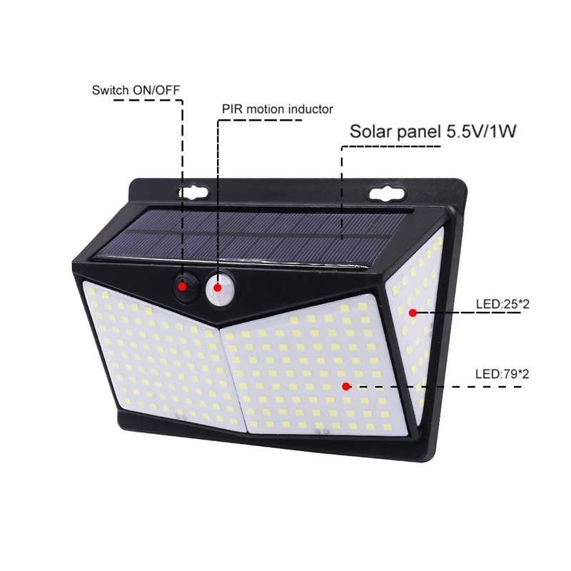 1 Pc Lampu Dinding 208 LED Tenaga Surya 4 Sisi Tahan Air Untuk Taman