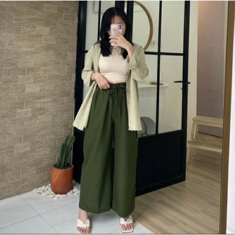 Celana Kulot Katun Linen Wanita Rami Highwaist Pinggang Karet Tali