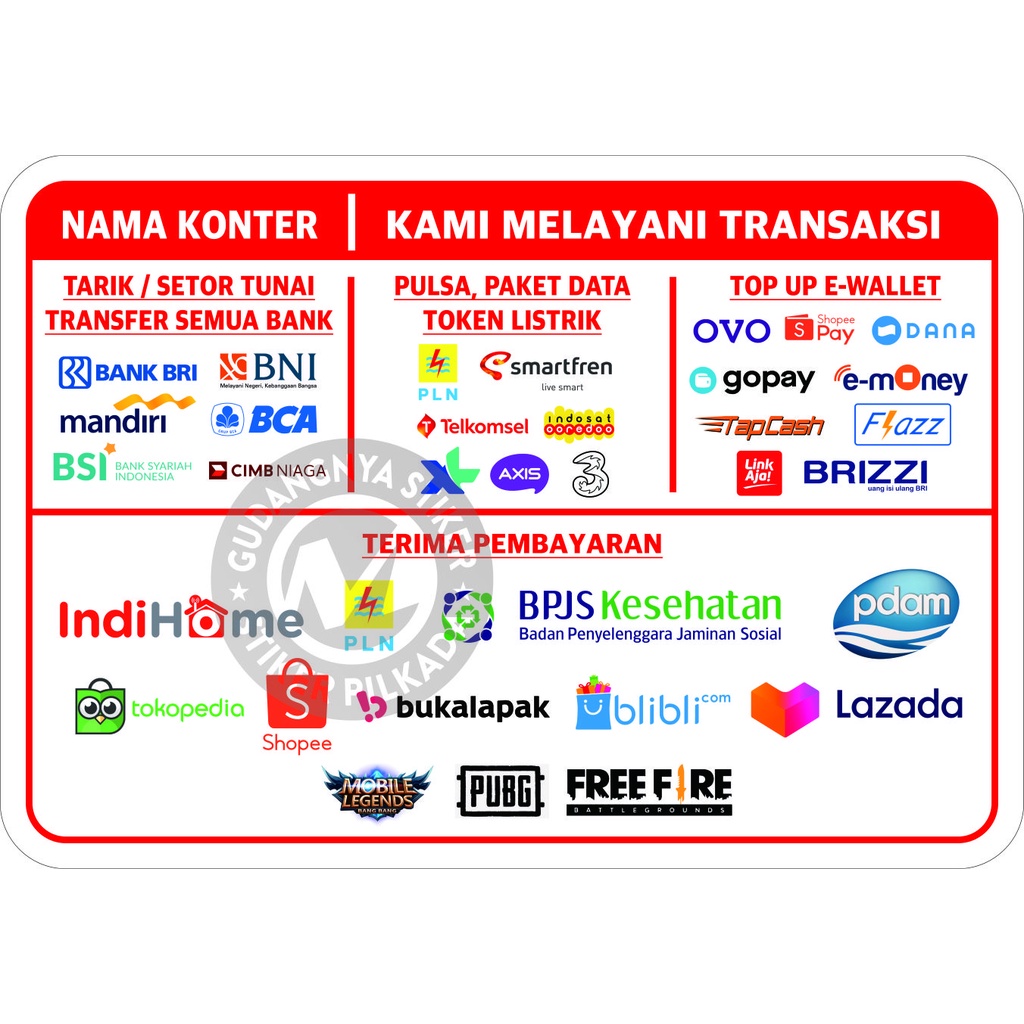 

STIKER VINYL PEMBAYARAN ONLINE KOMPLIT BESAR (CUSTOM, NAMA AGEN TULIS DI CATATAN/CHAT)