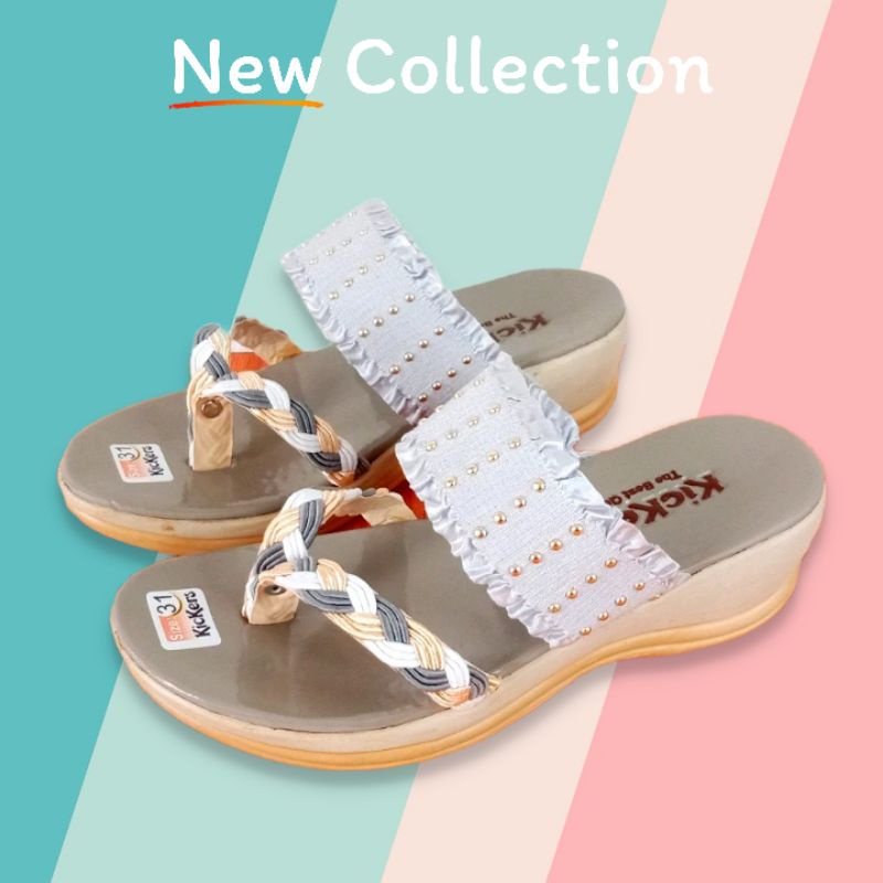 Kickers RF Renda 01 Sandal Anak Perempuan Jepit Wedges Hak 5cm Size 26-35 Abu Combi