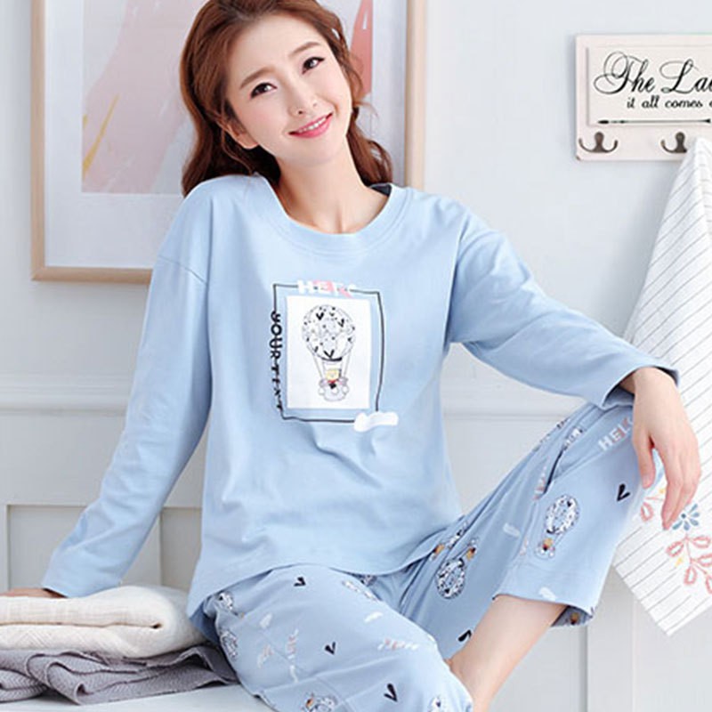 Smile Baju Tidur Wanita Import Setelan Piyama Lengan Panjang Motif Bahan Lembut Fit to XXL 4005-5