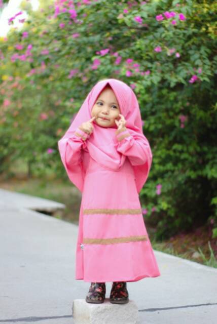 Gamis Anak Wolfis Strip Set Kerudung Besar Usia 1-10 tahun Original