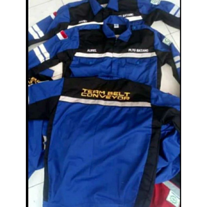 SERAGAM BAJU SAFETY PROYEK ATASAN RESLETING BIRU KOMBINASI HITAM BERLOGO K3 BENDERA