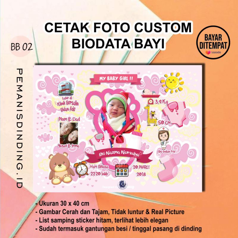 Biodata Bayi Custom Jumbo 40x30 cm Plus Bingkai Kayu MDF