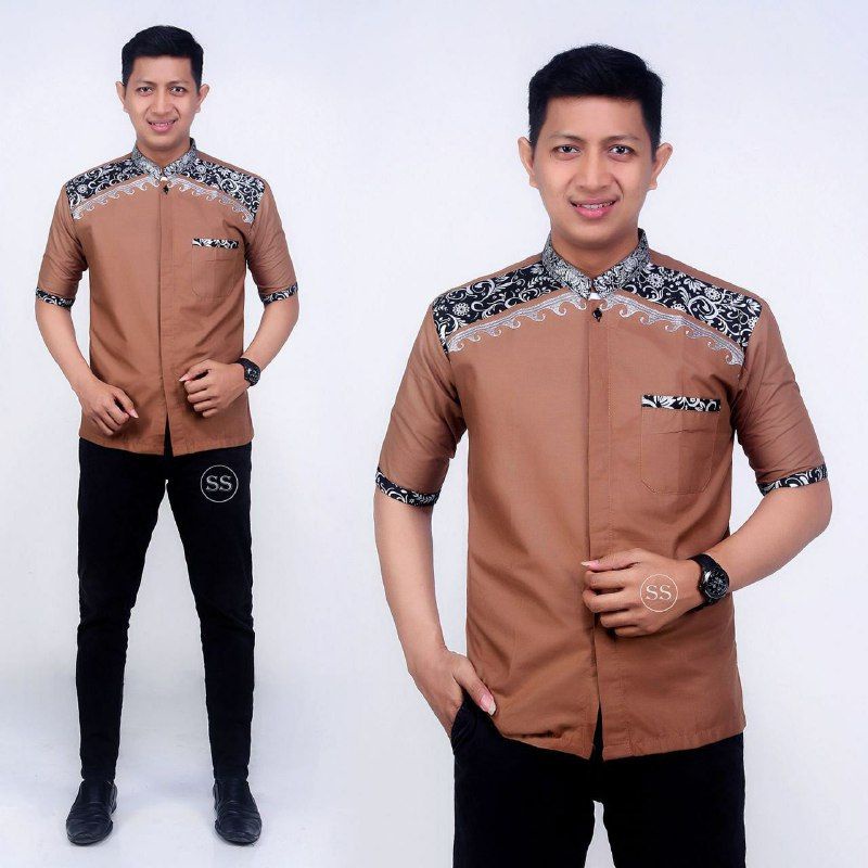 Baju Koko Pria Lengan Panjang Motif Kobata Kombinasi Batik Warna Coksu