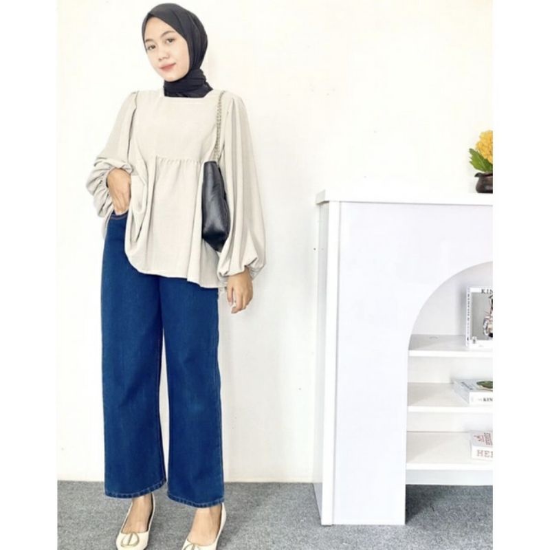 BLOUSE LENGAN BALON BAHAN CRINCLE AIRFLOW, ATASAN BAHAN CRINCLE AIRFLOW, ATASAN LENGAN BALON, BLOUSE