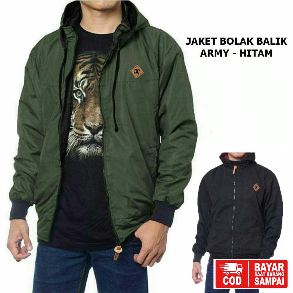 JAKET DC BOLAK BALIK / JAKET MOTOR / JAKET PARASUT HITAM-ABU-4